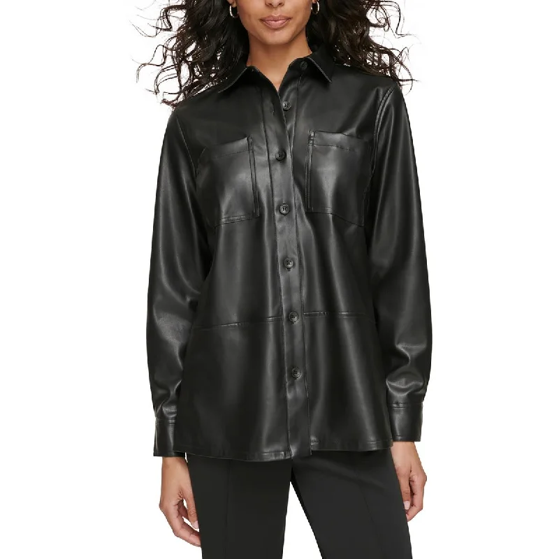 Womens Faux Leather Button-Down TopCasual down jacket