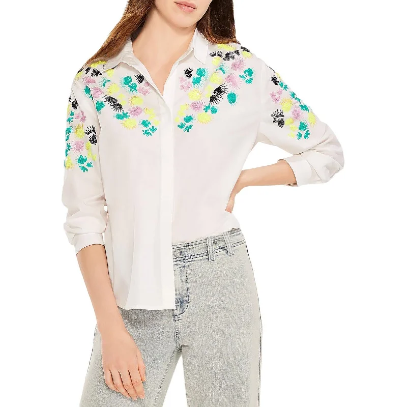 Placed Petals Womens Sequin Embroidered Button-Down TopTear resistance