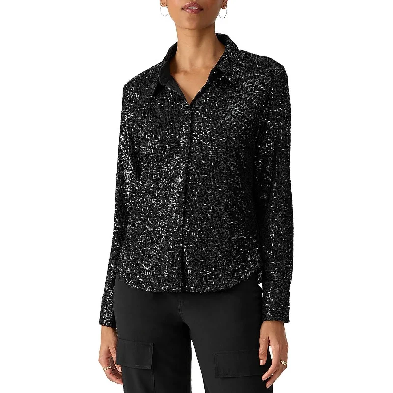 Radiant Womens Sequined Collared Button-Down TopAntistatic performance