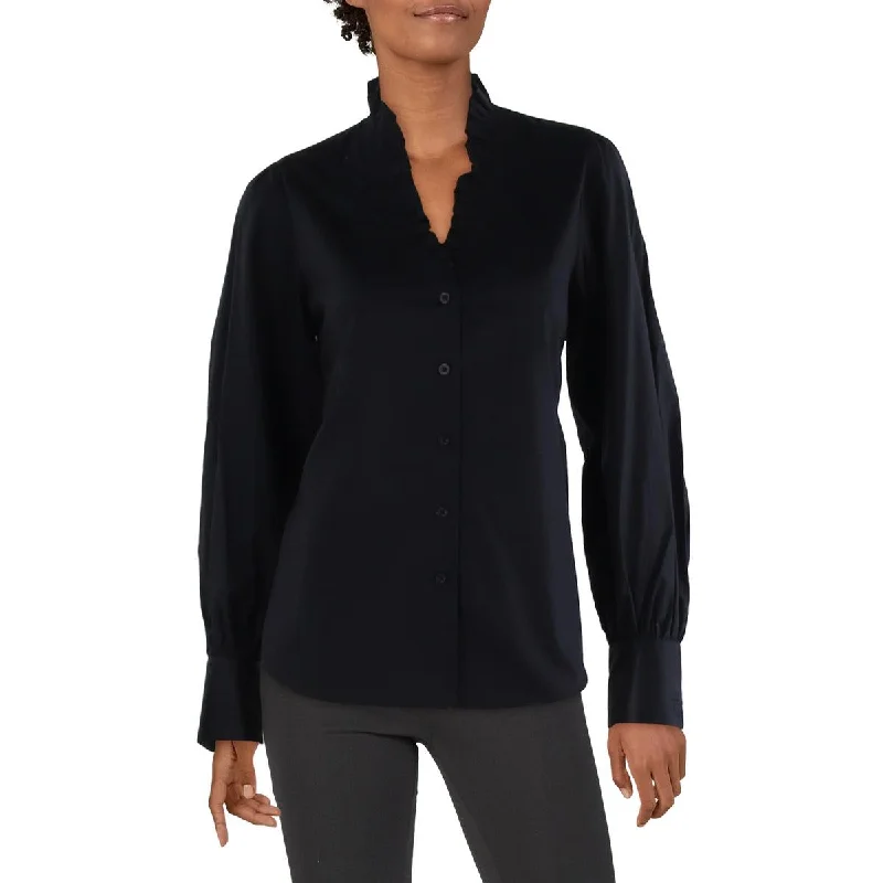 Womens Cotton Ruffled Neck Button-Down TopRemovable liner