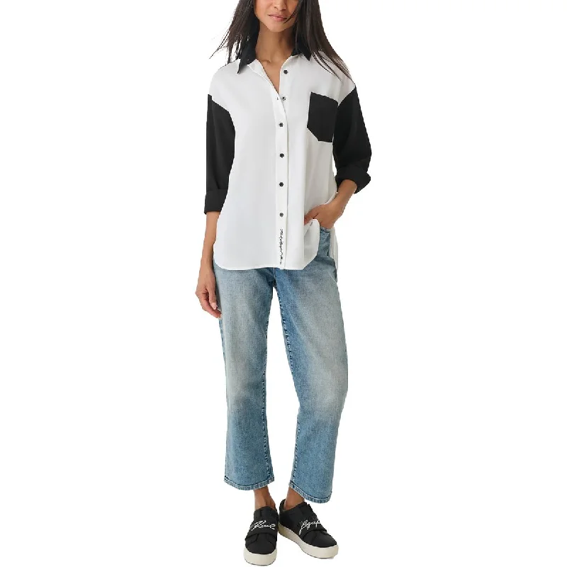 Womens Colorblock Collared Button-Down TopMulti-pocket design