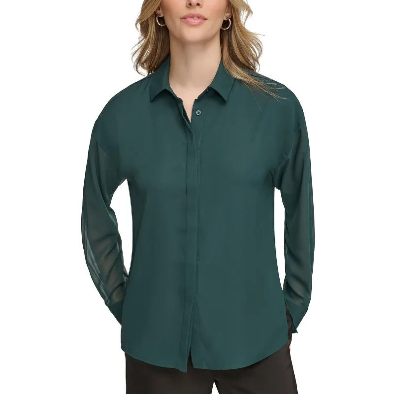 Womens Chiffon Sleeve Collared Button-Down TopDown content