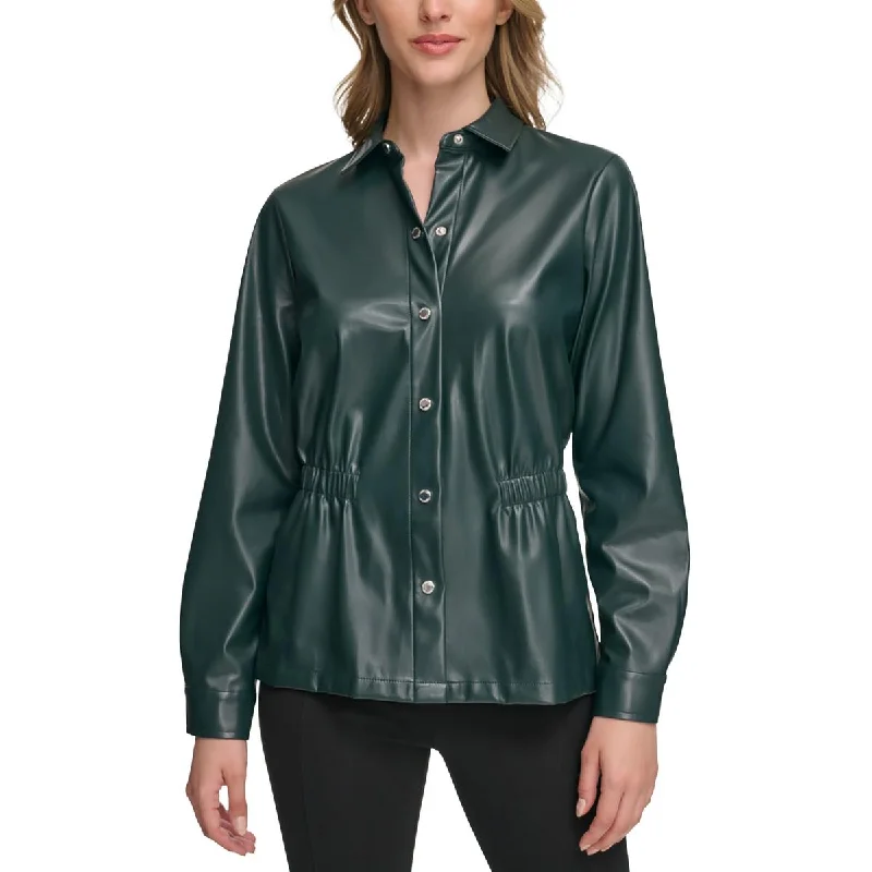 Womens Faux Leather Collared Button-Down TopReflective strip design