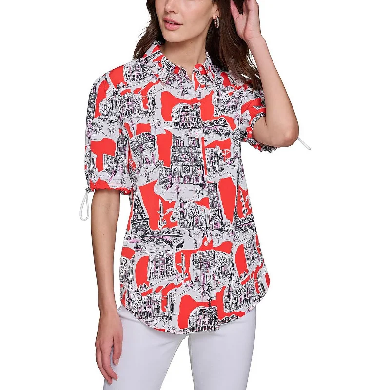 Womens Printed Drawstring Hem Button-Down TopCompressible design