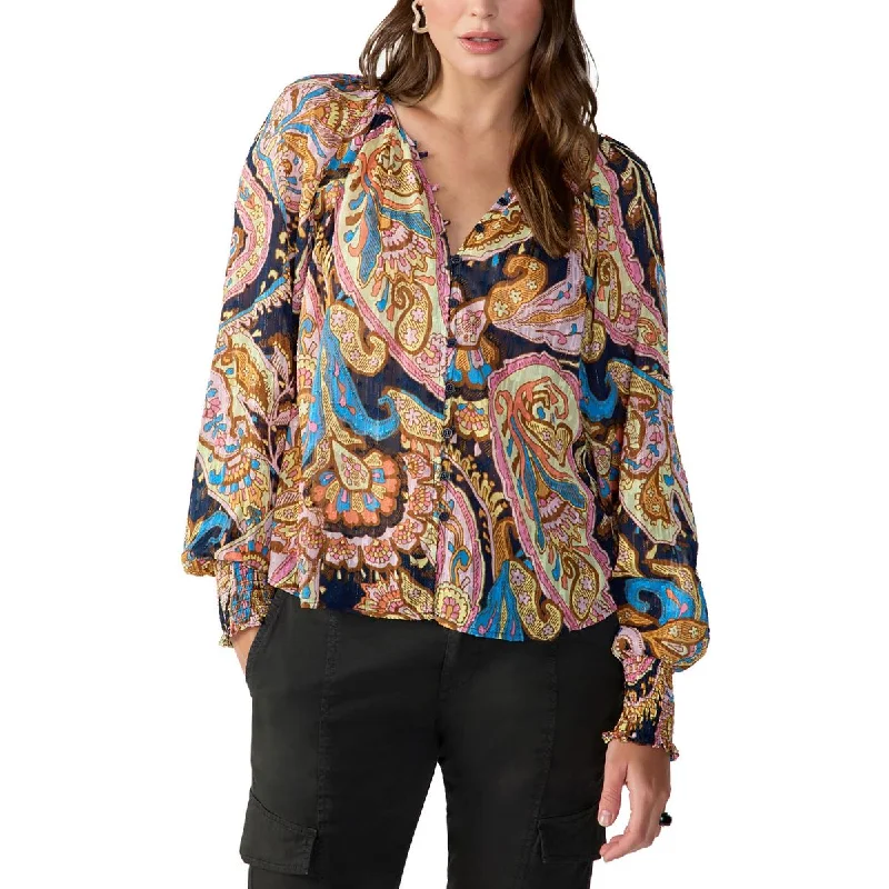 Womens Sheer Metallic Button-Down TopAdjustable hem