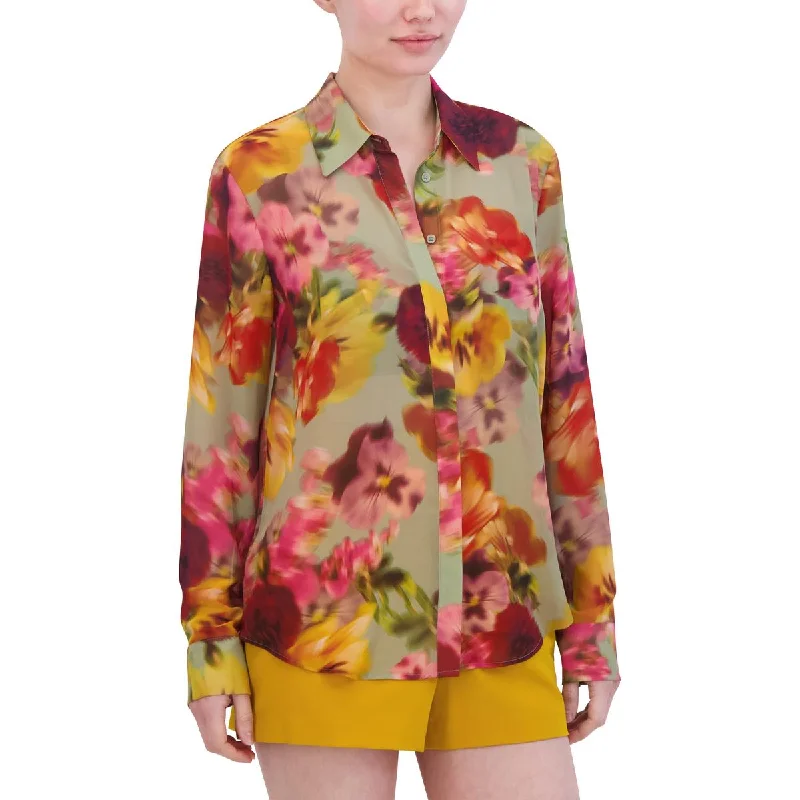 Womens Chiffon Floral Button-Down TopDown coat