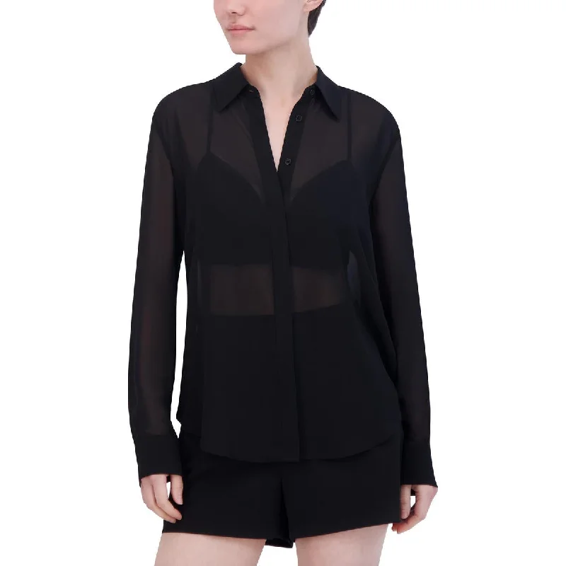 Womens Sheer Chiffon Button-Down TopDown workwear