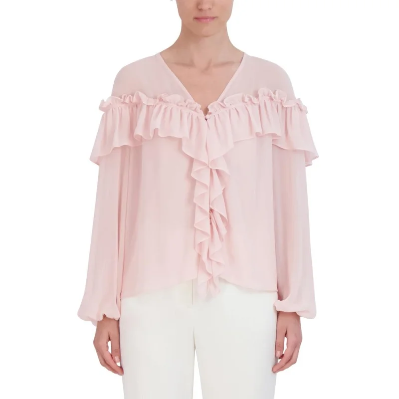 Womens Ruffled Sheer Button-Down TopAnti-drilling down technology