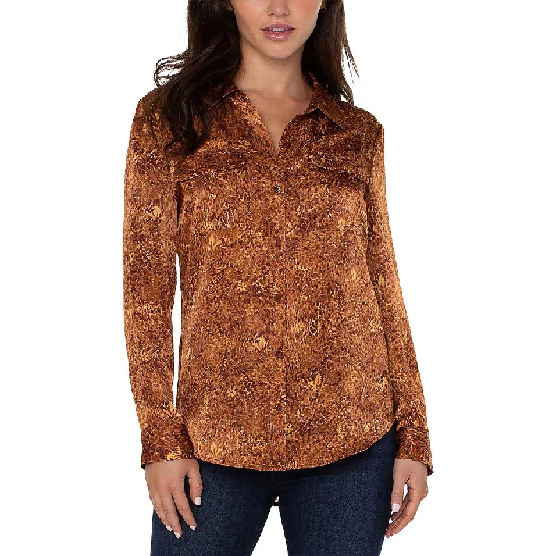 Womens Collared Flap Pocket Button-Down TopHigh-density fabric