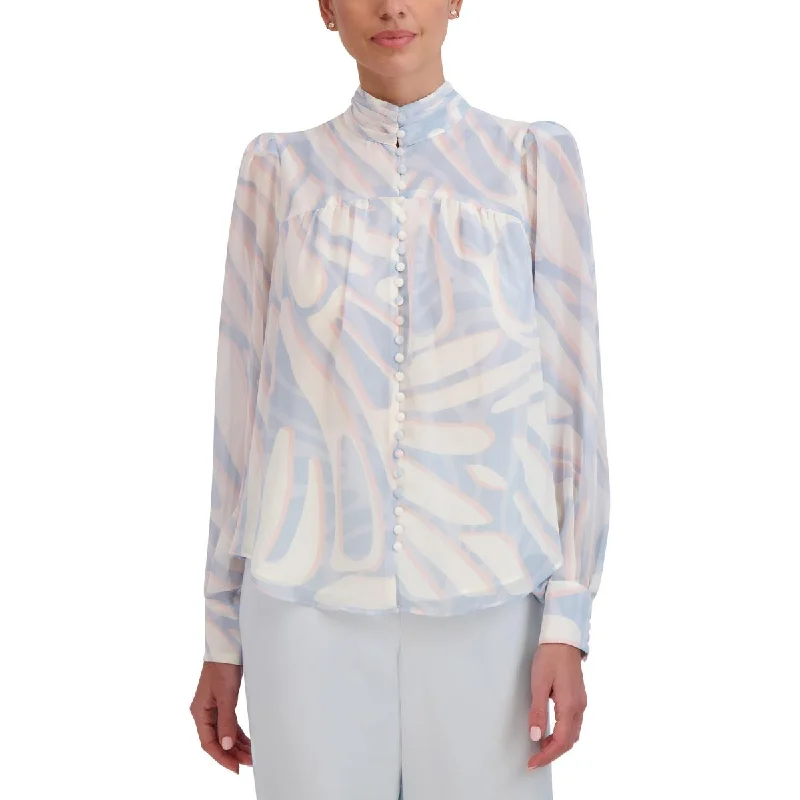 Womens Printed Pleated Button-Down TopWindproof fabric