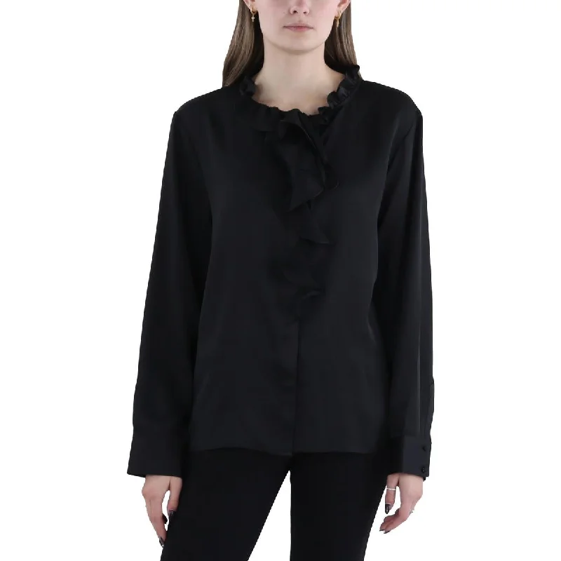 Womens Ruffled Tie Neck Button-Down TopMulti-pocket design