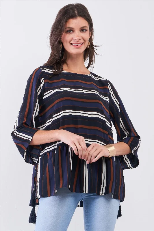 Blue Multicolor Striped Round Neck Button-Down Back Detail Self-Tie Tassel Tip Midi Sleeve Flounce Hem TopDown jacket with sweatpants