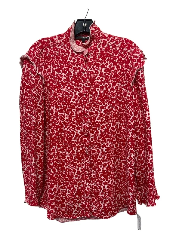 Derek Lam Size 4 Red & White Silk Crepe Button Down Abstract Ruffle Neck TopParker down jacket