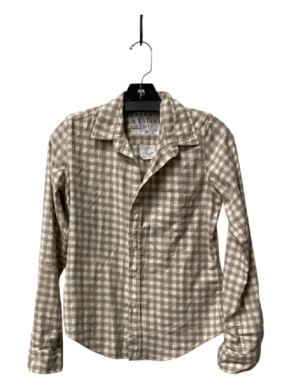 Frank & Eileen Size XS Tan & Ivory Cotton Checked Buttondown Collar TopTear-resistant fabric