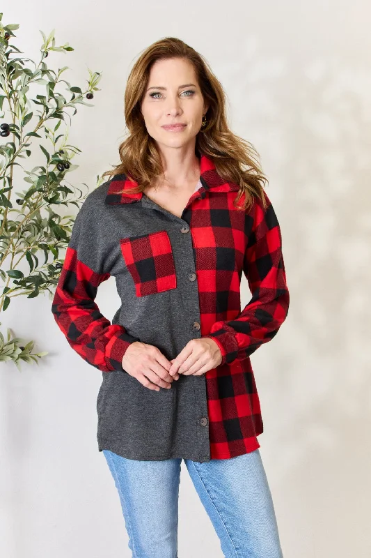 Heimish Full Size Plaid Button Down ShacketDown jacket with boots