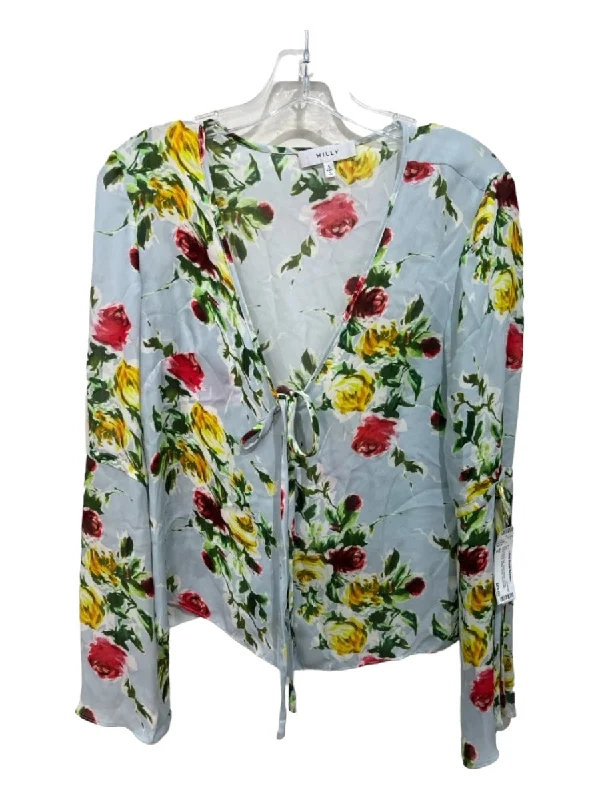 Milly Size S Blue & Multi Silk Semi-Sheer Scoop Neck Floral Button Down TopHigh-density fabric