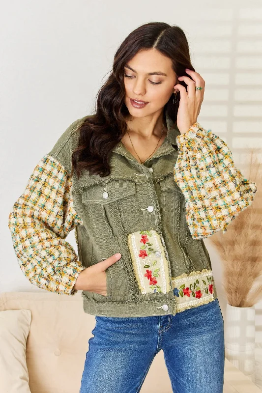 POL Embroidered Button Down Raw Hem ShacketDown jacket with jeans