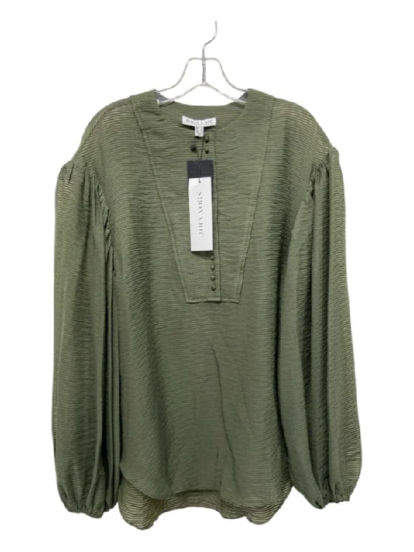 Shona Joy Size 8 Olive Green Cotton & Nylon Stripe Button Down Round Neck TopWaterproof Wind performance