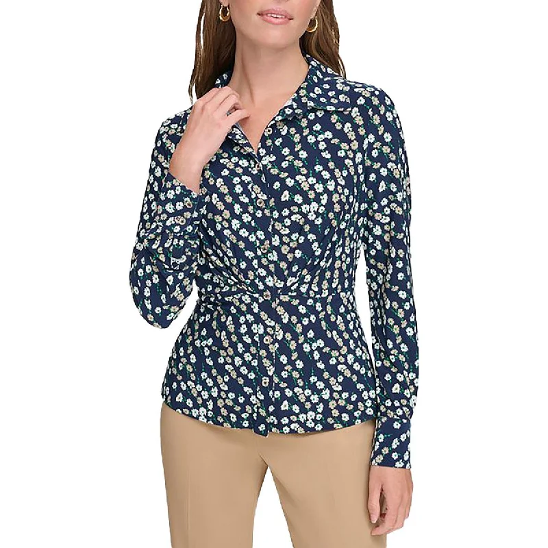 Tommy Hilfiger Womens Floral Print Collared Button-Down TopDown filling