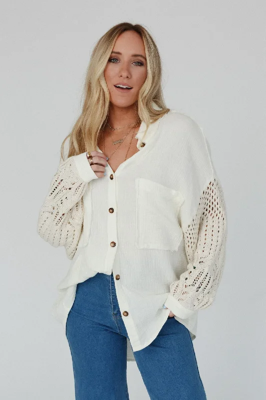 Vacation Mode Button Down Top - NaturalRemovable fur collar