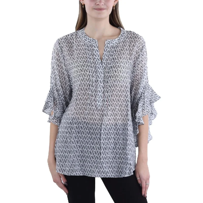 Vince Camuto Womens Printed Flutter Sleeve Button-Down TopGrey goose down