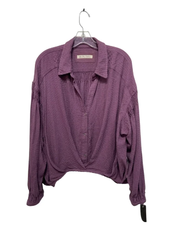 We The Free Size M Purple Viscose Blend Button Down Pleated Hem Collar TopMid-length down jacket