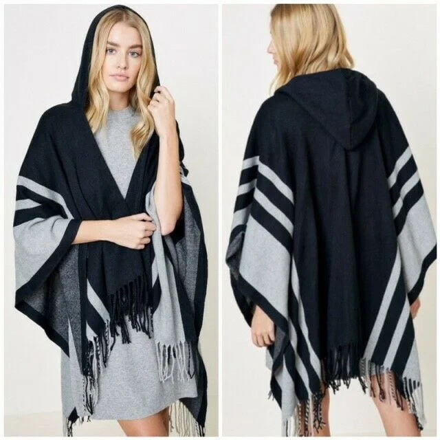 Hiking Knit TopsBlack Hooded Fringe Knit Striped Sweater Shawl Ruana Womens One Size