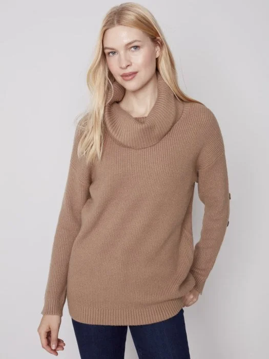 Statement Knit TopsC.B 2604 Cowl Neck Sweater with Button Detail