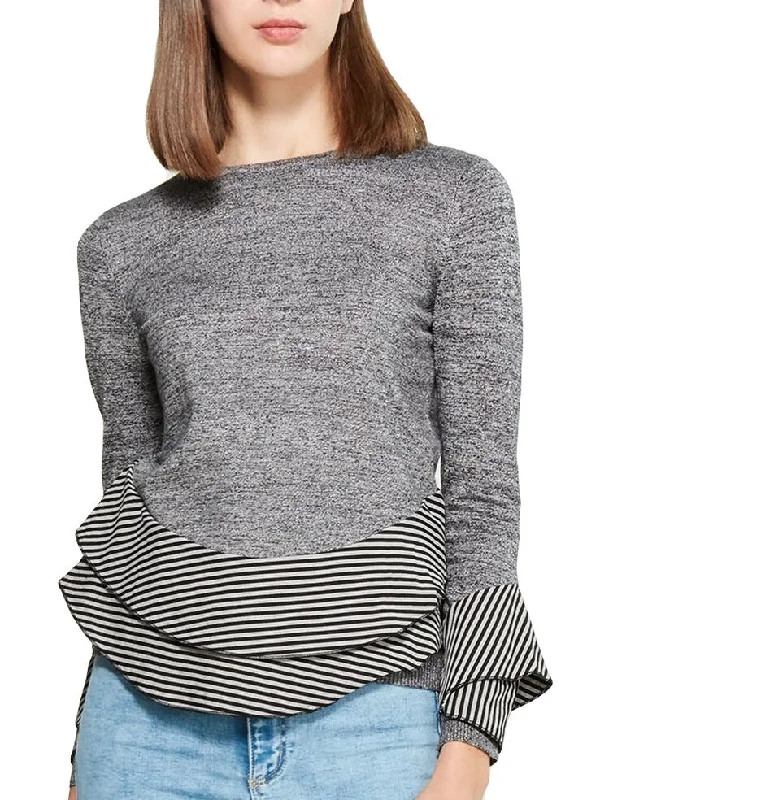 Band Merch Knit TopsCHEE-CHO Women's Ruffle Trim Contrast Stripe Sweater Top