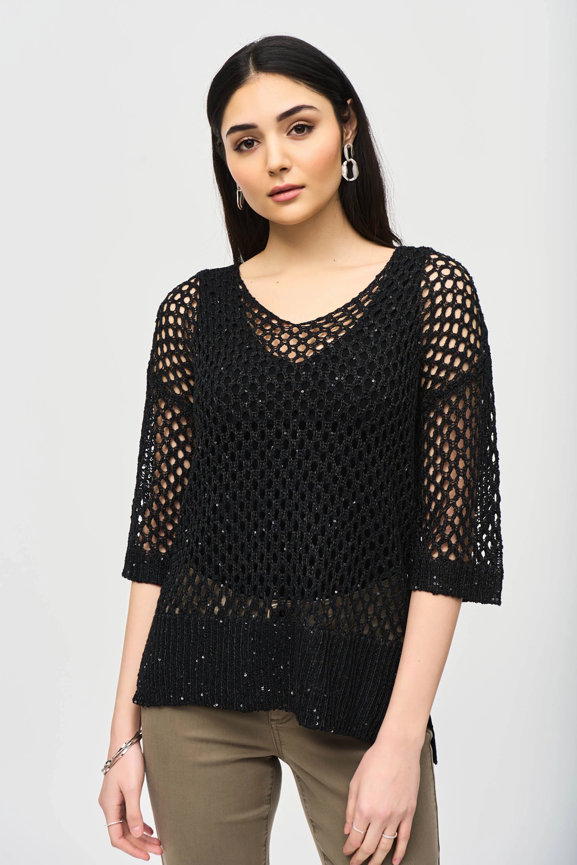 Cropped Knit TopsJ.R 241922 Open Stitch Sweater with Sequins