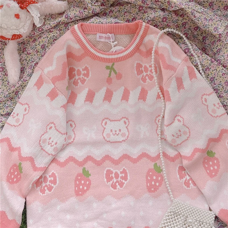 Hunting Knit TopsPink Strawberry Knit Bear Sweater