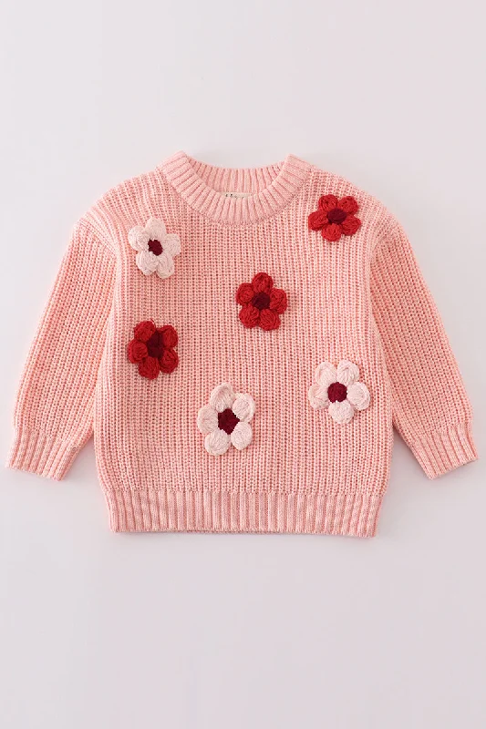 Statement Knit TopsPink floral hand-embroidery jumper sweater