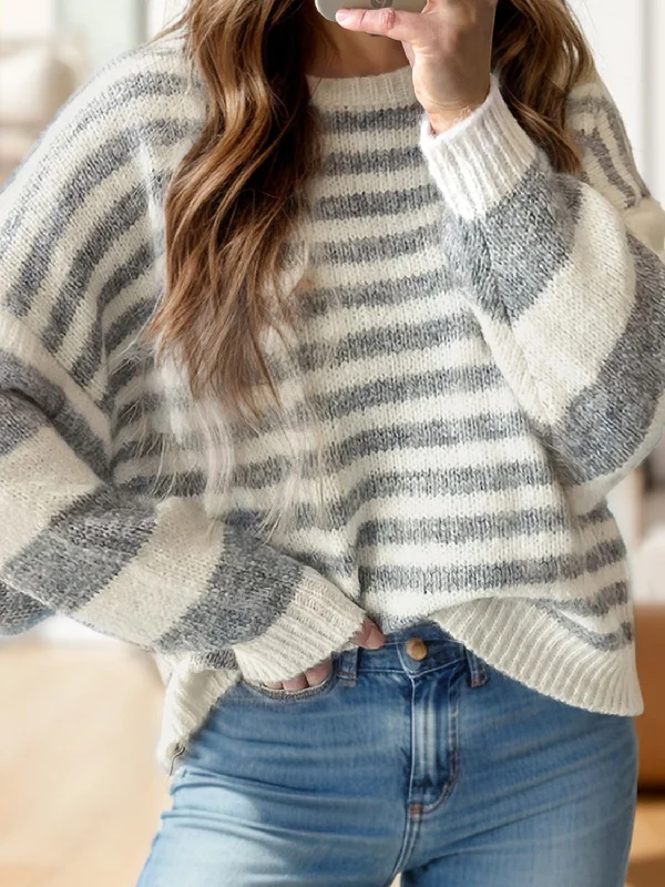 Silk Knit TopsHazel Blues® |  Striped Round Neck Dropped Shoulder Sweater