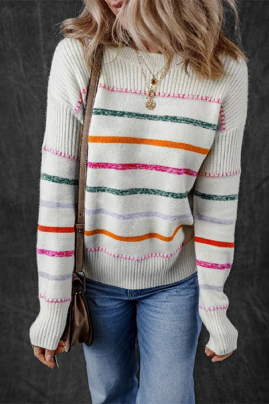 Asymmetrical Knit TopsHazel Blues® |  Striped Round Neck Dropped Shoulder Sweater