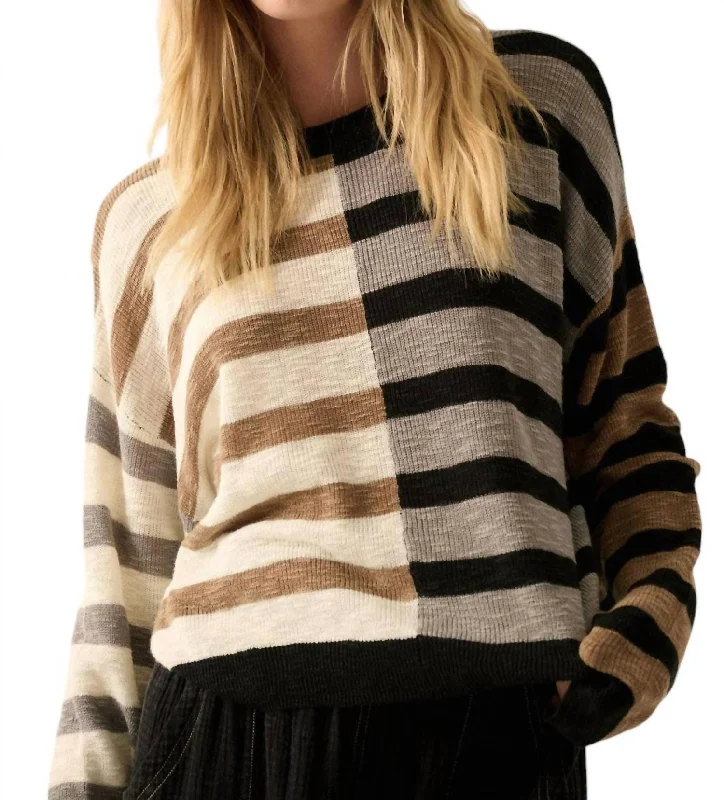 High-Fashion Knit TopsContrast Color Stripes Ribbed-Knit Sweater In Black/neutral