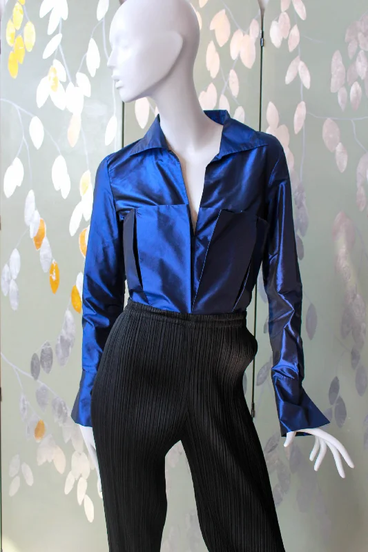 Cotton Knit TopsDonna Karan Blue Silk Iridescent Blouse-Bodysuit, Small