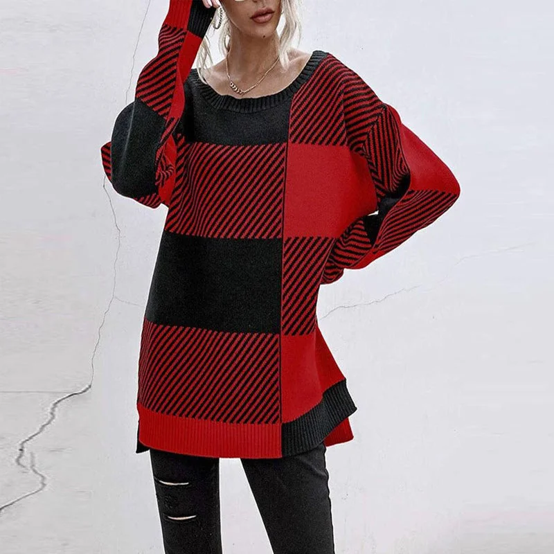 V-Neck Knit TopsPlaid Contrast Knit Sweater