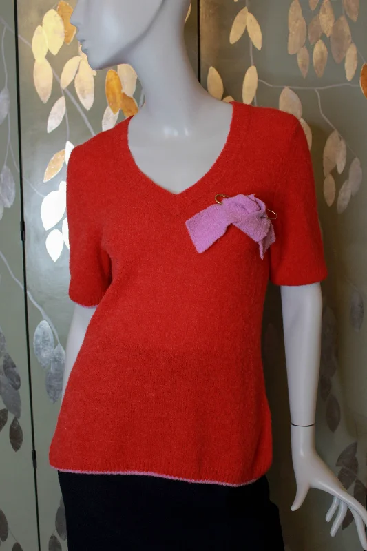 Embroidered Knit TopsRoksanda Red Wool Knit Sweater Top with Pink Bow, Medium