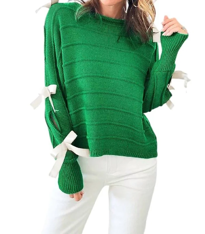 Cycling Knit TopsRibbed Bow Cut-Out Sweater In Dark Green