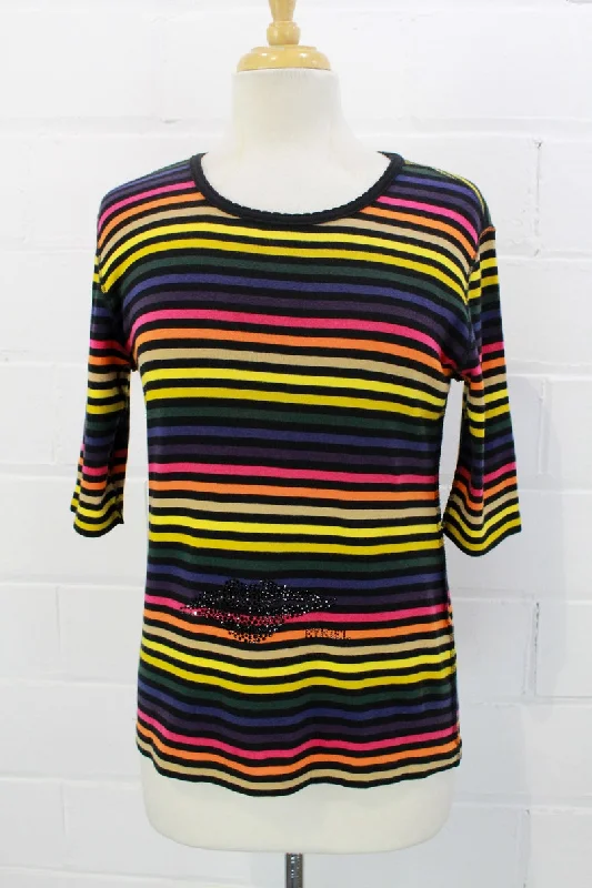 Ribbed Cuff Knit TopsVintage 1990s Sonia Rykiel Rainbow Striped T-Shirt with Rhinestone Logo, Medium