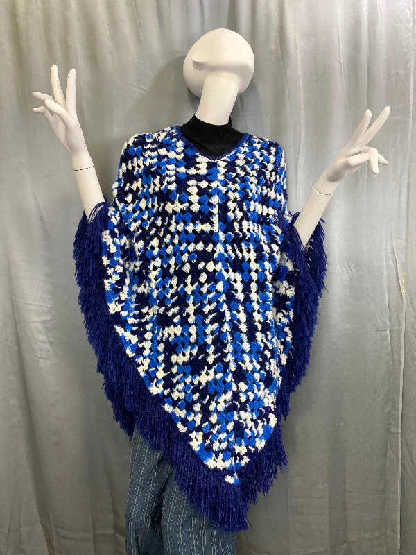 Lace-Up Knit TopsVintage 1970s Blue & White Crochet Fringed Poncho