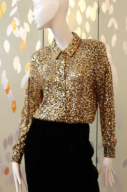 Sports Team Knit TopsVintage 1980s Oleg Cassini Gold Sequin Body Suit, M/L