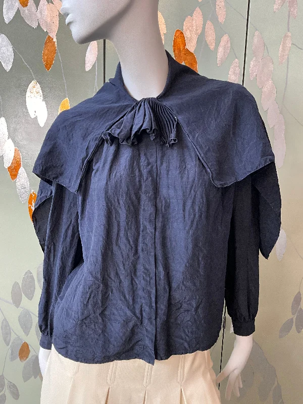 Tasseled Knit TopsVintage 1980s Valentino Navy Blue Silk Blouse with Capelet and Ruffle, L-XL